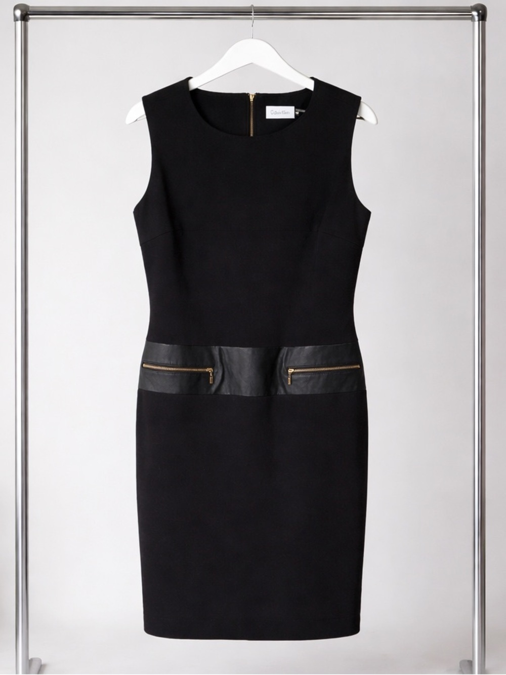 Calvin Klein Black Sleeveless Dress with Leather Waist Trim & pockets